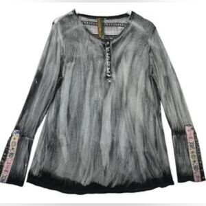 Aratta Women's Blouse Boho Grey Acid Wash Lace Embroidered  Long Sleeve Top M